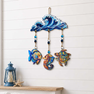 Ocean Wave Wooden Wall Hanger with Fish, Seahorse & Sea Turtles – Coastal Décor – 862106-S4