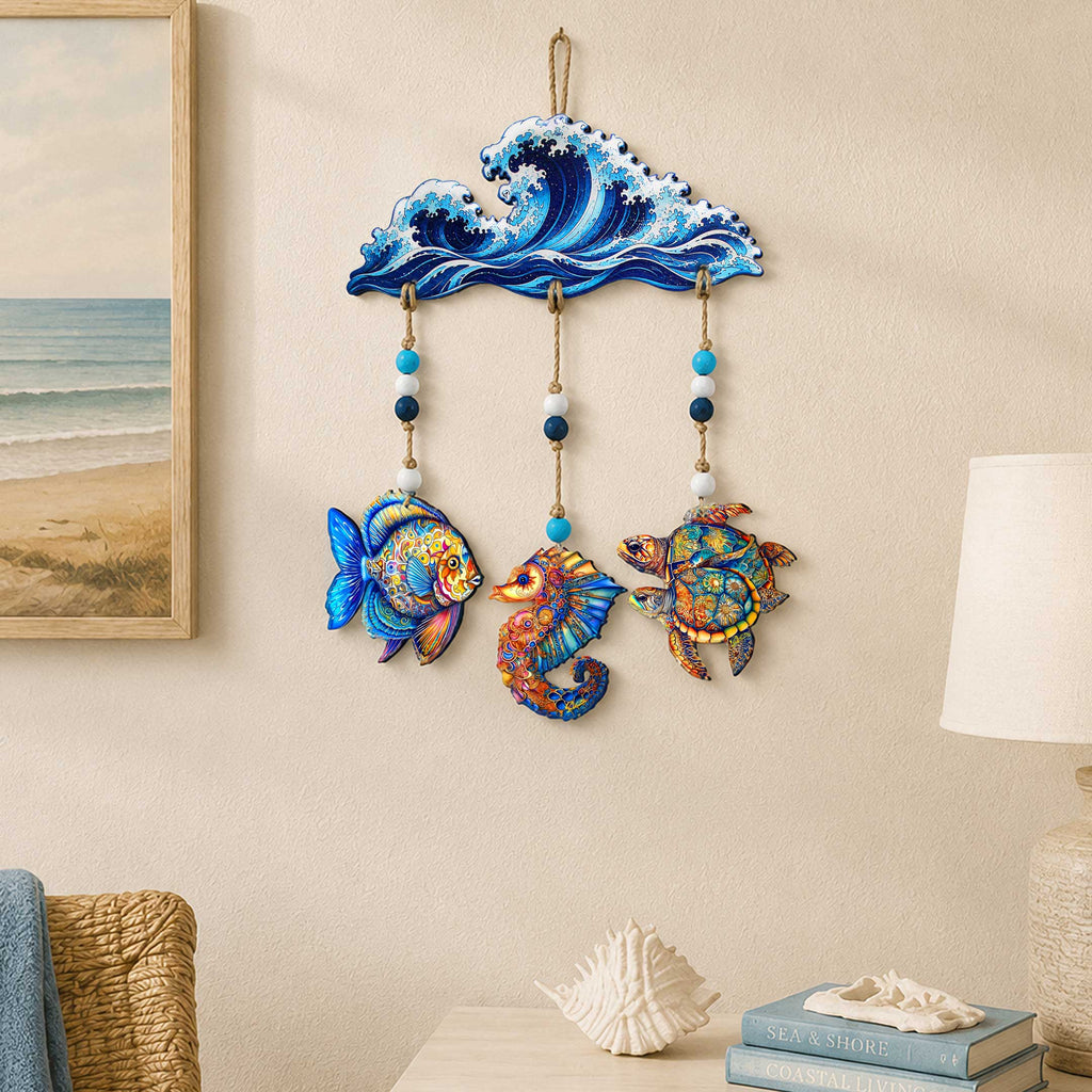 Ocean Wave Wooden Wall Hanger with Fish, Seahorse & Sea Turtles – Coastal Décor – 862106-S4