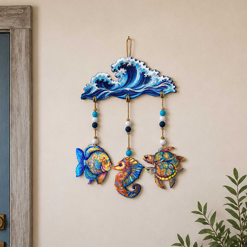 Ocean Wave Wooden Wall Hanger with Fish, Seahorse & Sea Turtles – Coastal Décor – 862106-S4