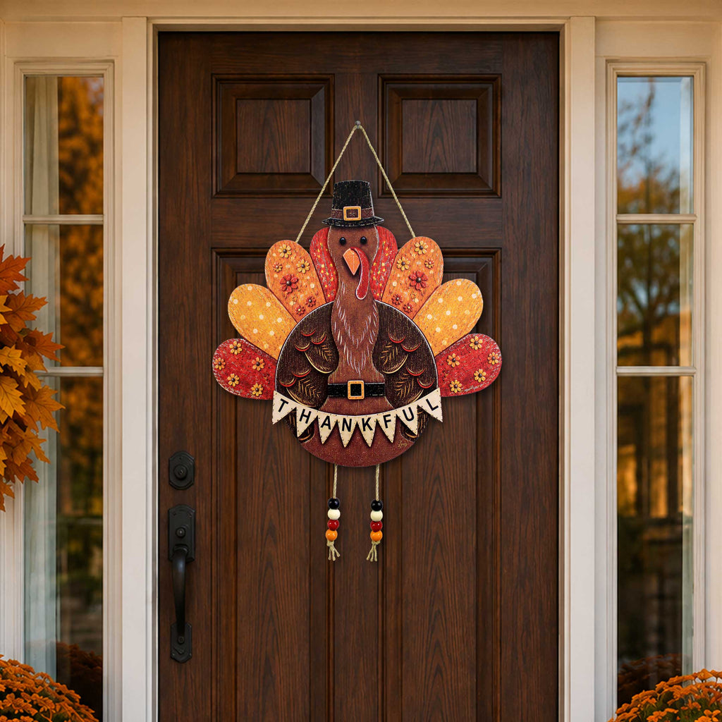 Thankful Turkey Wooden Door Hanger – Thanksgiving Fall Wall Décor – 862107H