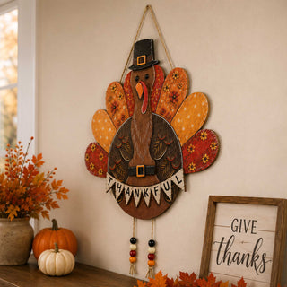 Thankful Turkey Wooden Door Hanger – Thanksgiving Fall Wall Décor – 862107H