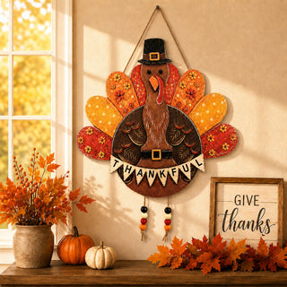 Thankful Turkey Wooden Door Hanger – Thanksgiving Fall Wall Décor – 862107H