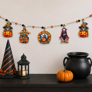 Halloween Wooden Garland with 5 Hanging Decorations – Black Cat, Scarecrow, Pumpkin & Vampire – 862108-S5