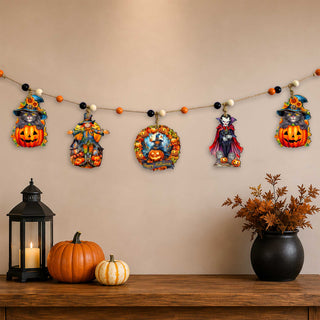 Halloween Wooden Garland with 5 Hanging Decorations – Black Cat, Scarecrow, Pumpkin & Vampire – 862108-S5