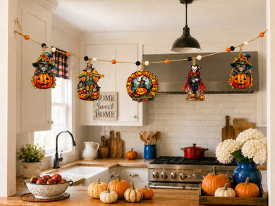 Halloween Wooden Garland with 5 Hanging Decorations – Black Cat, Scarecrow, Pumpkin & Vampire – 862108-S5
