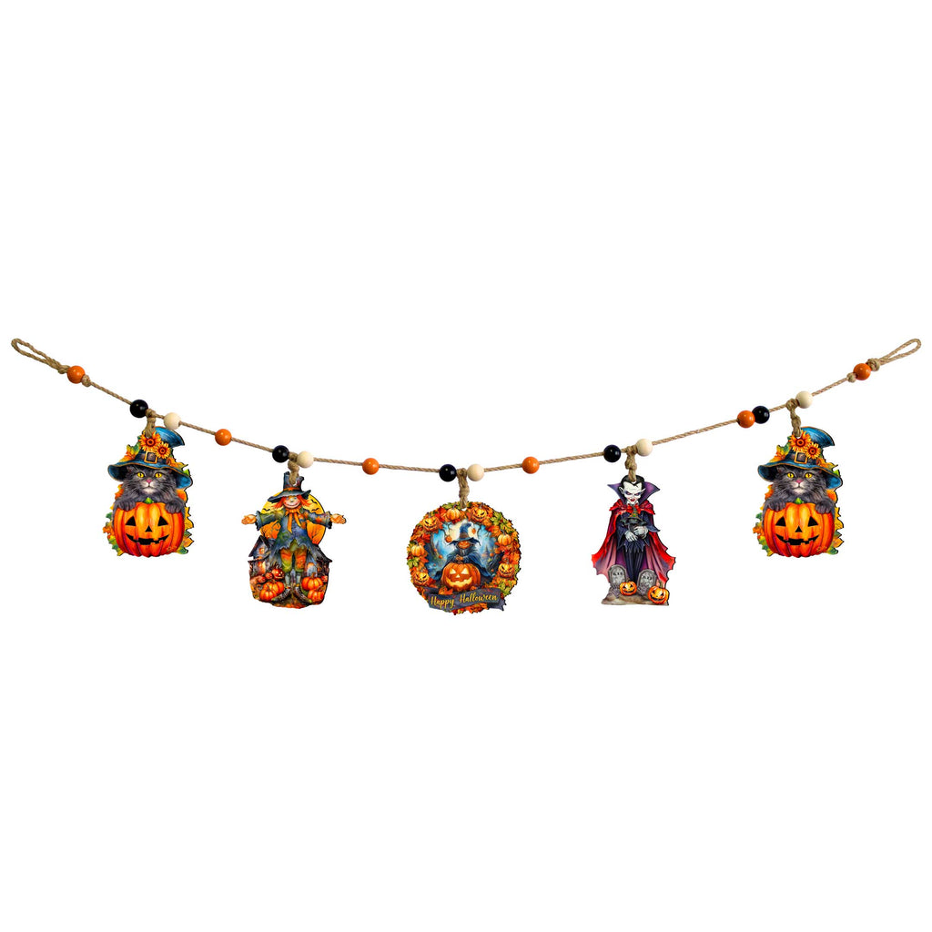 Halloween Wooden Garland with 5 Hanging Decorations – Black Cat, Scarecrow, Pumpkin & Vampire – 862108-S5