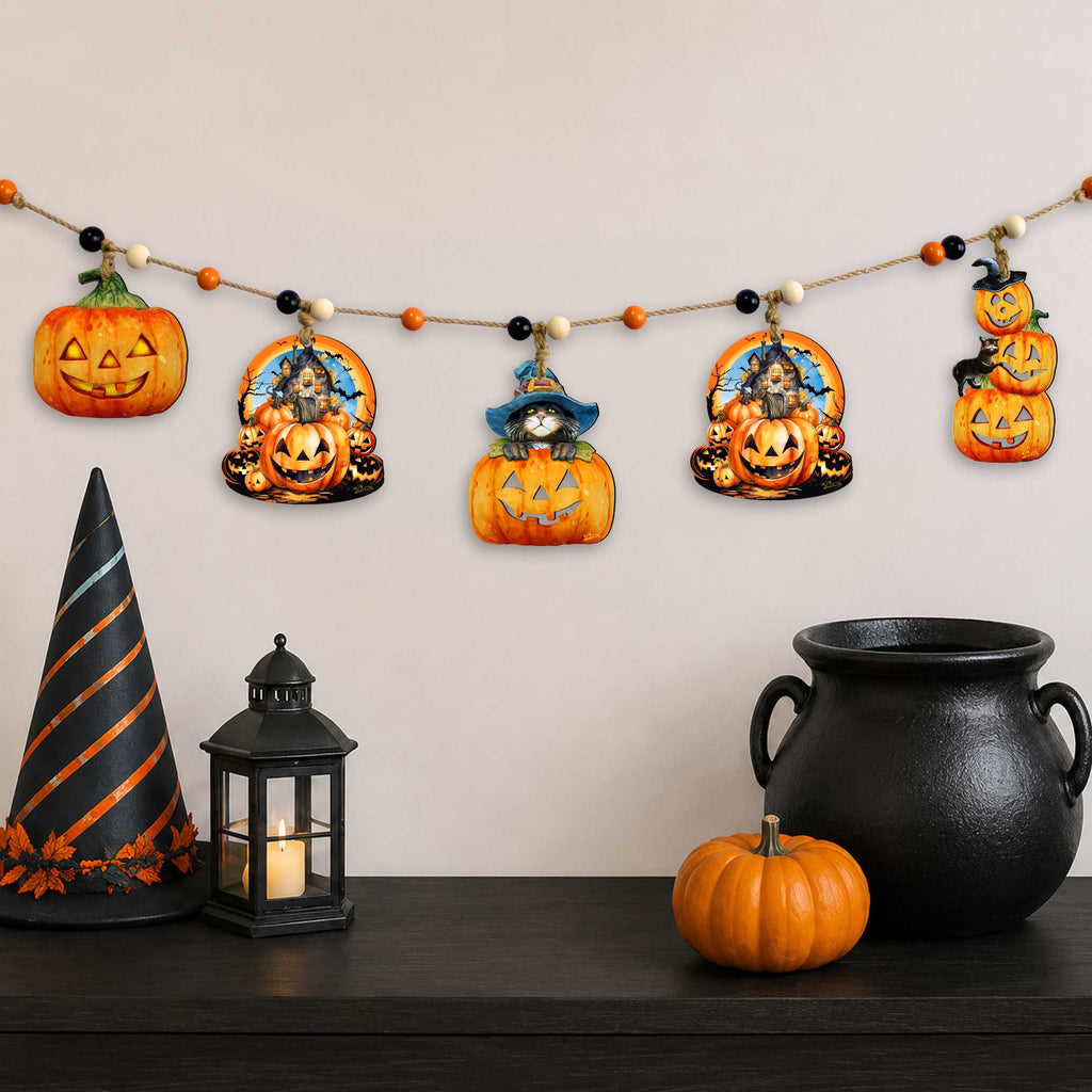 Jack-O’-Lantern Halloween Wooden Garland with 5 Hanging Pumpkin Decorations – 862109-S5
