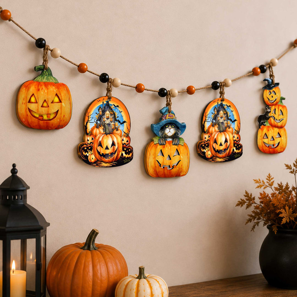 Jack-O’-Lantern Halloween Wooden Garland with 5 Hanging Pumpkin Decorations – 862109-S5