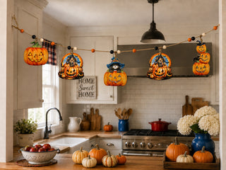 Jack-O’-Lantern Halloween Wooden Garland with 5 Hanging Pumpkin Decorations – 862109-S5