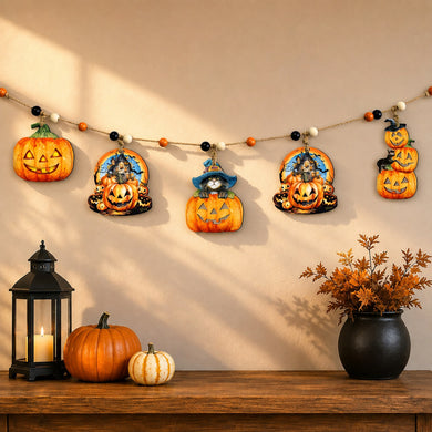 Jack-O’-Lantern Halloween Wooden Garland with 5 Hanging Pumpkin Decorations – 862109-S5