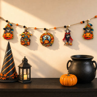 Jack-O’-Lantern Halloween Wooden Garland with 5 Hanging Pumpkin Decorations – 862109-S5