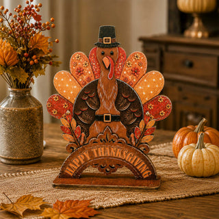 Happy Thanksgiving Turkey Wooden Tabletop Decoration – Fall Harvest Décor by G. Debrekht – 862110
