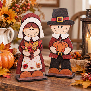 Thanksgiving Pilgrim Couple Wooden Tabletop Decoration Set of 2 – Handcrafted Fall Harvest Décor by G. Debrekht - 862111-OP-S2