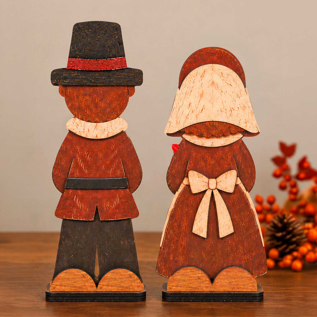 Thanksgiving Pilgrim Couple Wooden Tabletop Decoration Set of 2 – Handcrafted Fall Harvest Décor by G. Debrekht - 862111-OP-S2