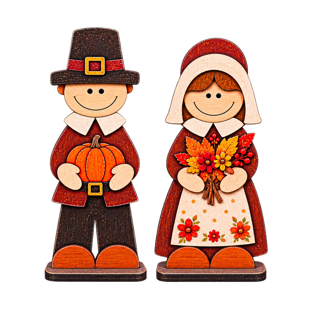 Thanksgiving Pilgrim Couple Wooden Tabletop Decoration Set of 2 – Handcrafted Fall Harvest Décor by G. Debrekht - 862111-OP-S2