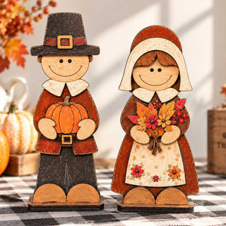 Thanksgiving Pilgrim Couple Wooden Tabletop Decoration Set of 2 – Handcrafted Fall Harvest Décor by G. Debrekht - 862111-OP-S2