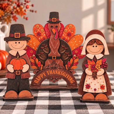 Thanksgiving Pilgrim Couple and Turkey Wooden Tabletop Decoration Set of 3 – Harvest Fall Décor by G. Debrekht - 862112-OP-S3
