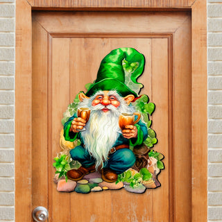 St. Patrick’s Day Gnome Door Hanger – Irish Leprechaun Green Door Decor – Handcrafted Wooden Holiday Wall Art by G. DeBrekht – 8652778H