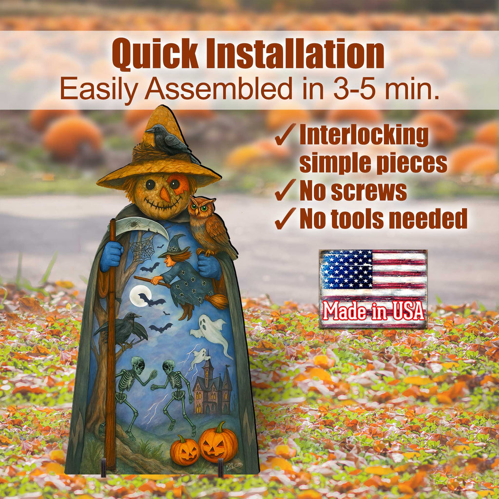 Halloween Scarecrow Freestanding Outdoor Décor – Handcrafted Wooden Yard Display by G. DeBrekht – 8652835F