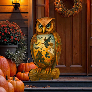 Halloween Owl Freestanding Outdoor Décor – Handcrafted Wooden Yard Display by G. DeBrekht – 8652836F