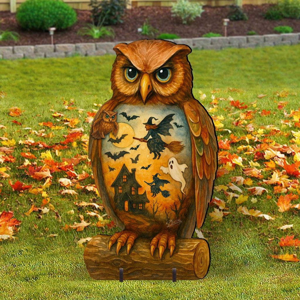 Halloween Owl Freestanding Outdoor Décor – Handcrafted Wooden Yard Display by G. DeBrekht – 8652836F
