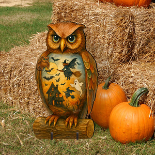 Halloween Owl Freestanding Outdoor Décor – Handcrafted Wooden Yard Display by G. DeBrekht – 8652836F