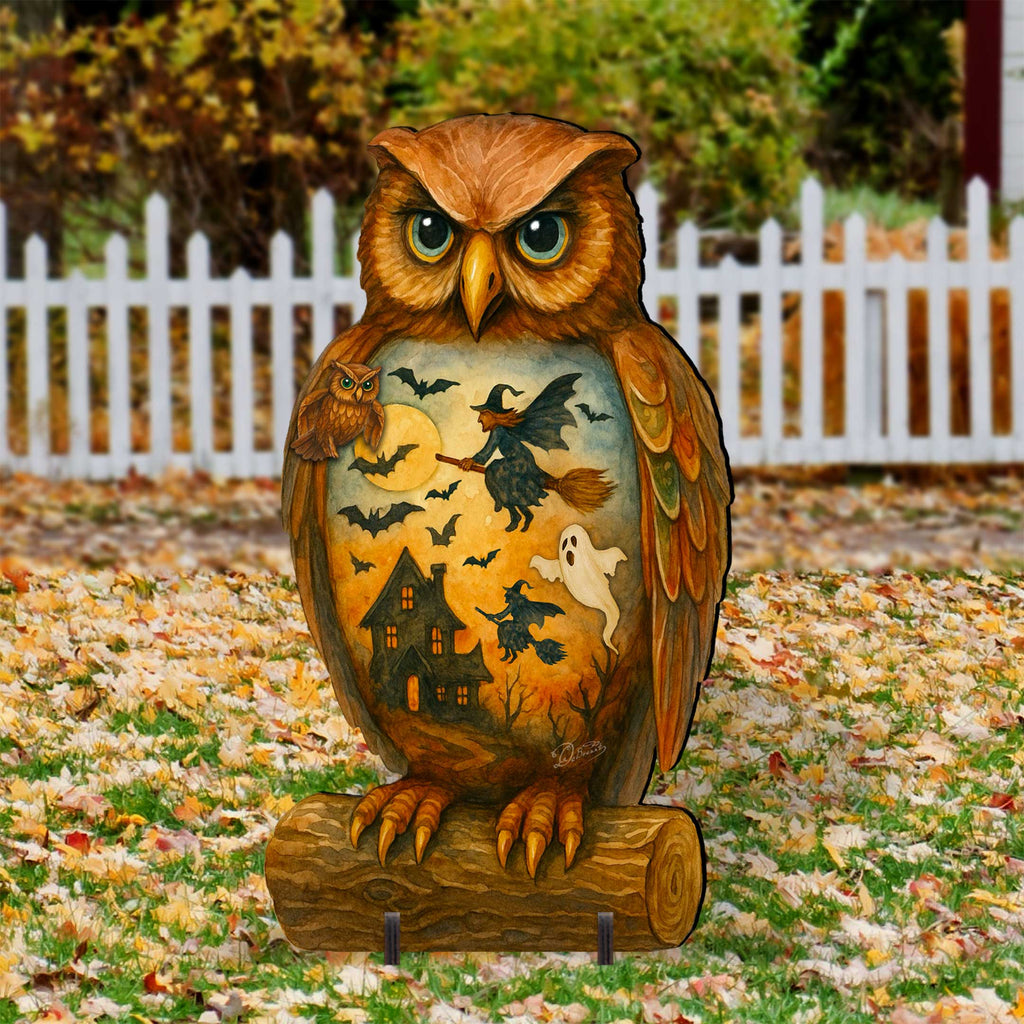 Halloween Owl Freestanding Outdoor Décor – Handcrafted Wooden Yard Display by G. DeBrekht – 8652836F