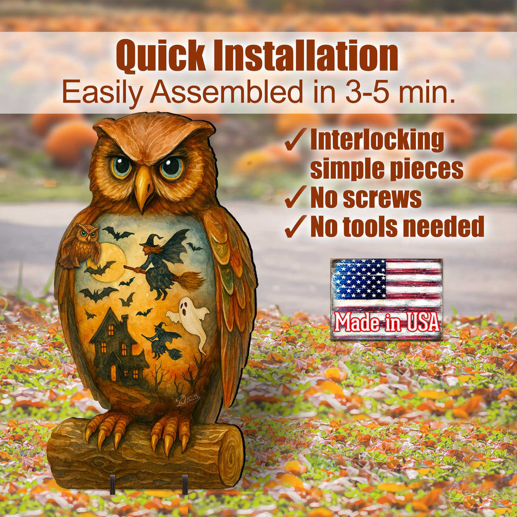 Halloween Owl Freestanding Outdoor Décor – Handcrafted Wooden Yard Display by G. DeBrekht – 8652836F