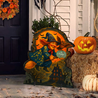 Halloween Flying Witch Freestanding Outdoor Décor – Handcrafted Wooden Yard Display by G. DeBrekht – 8652837F