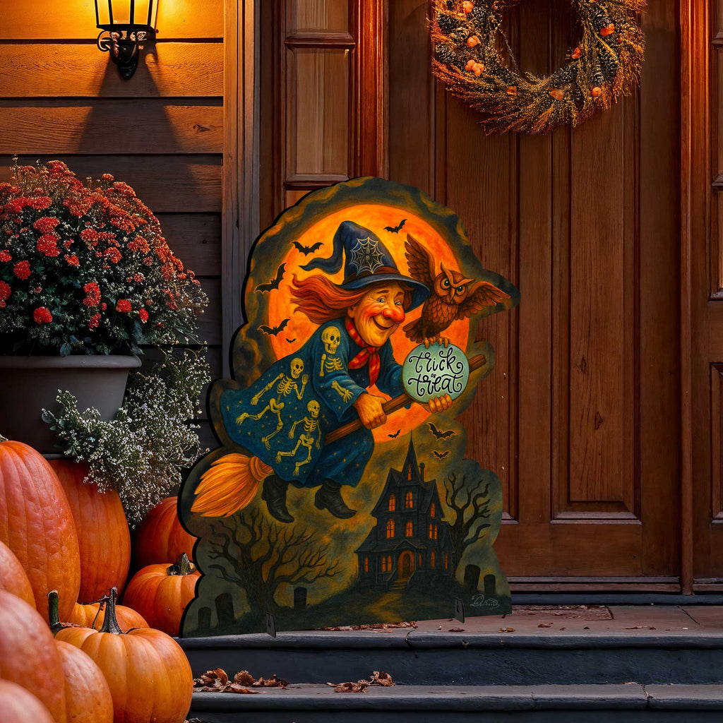 Halloween Flying Witch Freestanding Outdoor Décor – Handcrafted Wooden Yard Display by G. DeBrekht – 8652837F