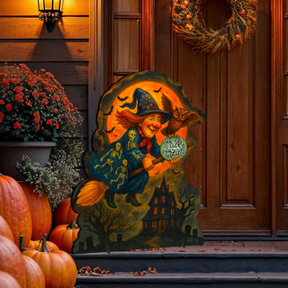 Halloween Flying Witch Freestanding Outdoor Décor – Handcrafted Wooden Yard Display by G. DeBrekht – 8652837F