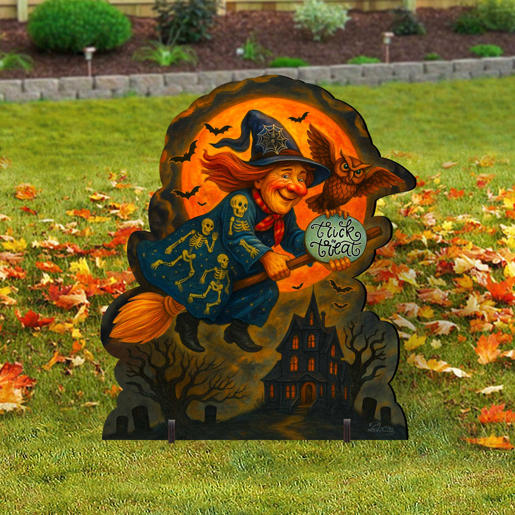 Halloween Flying Witch Freestanding Outdoor Décor – Handcrafted Wooden Yard Display by G. DeBrekht – 8652837F
