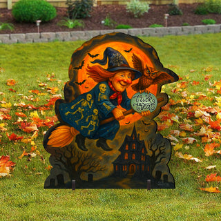 Halloween Flying Witch Freestanding Outdoor Décor – Handcrafted Wooden Yard Display by G. DeBrekht – 8652837F
