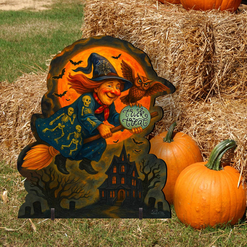 Halloween Flying Witch Freestanding Outdoor Décor – Handcrafted Wooden Yard Display by G. DeBrekht – 8652837F
