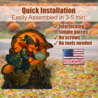 Halloween Flying Witch Freestanding Outdoor Décor – Handcrafted Wooden Yard Display by G. DeBrekht – 8652837F