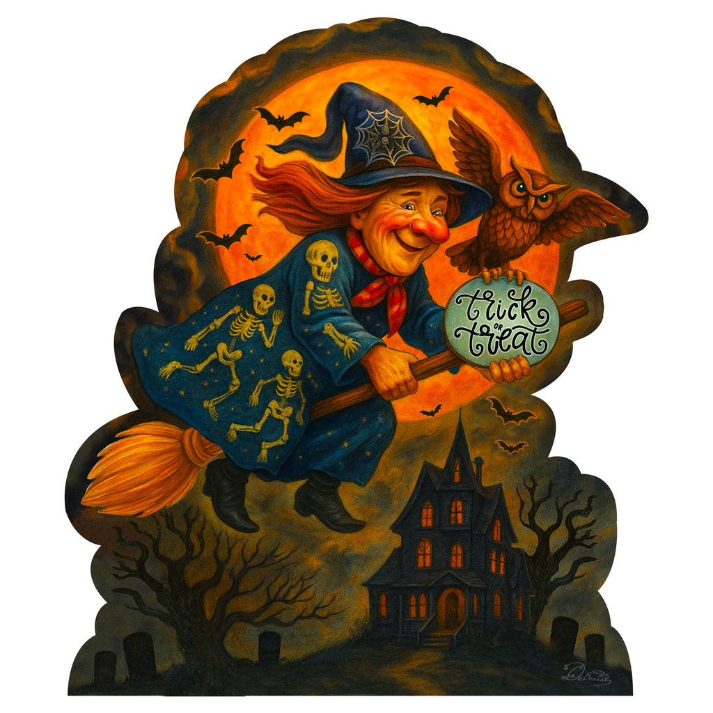 Halloween Flying Witch Freestanding Outdoor Décor – Handcrafted Wooden Yard Display by G. DeBrekht – 8652837F