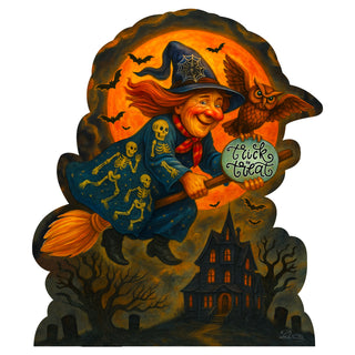 Halloween Flying Witch Freestanding Outdoor Décor – Handcrafted Wooden Yard Display by G. DeBrekht – 8652837F