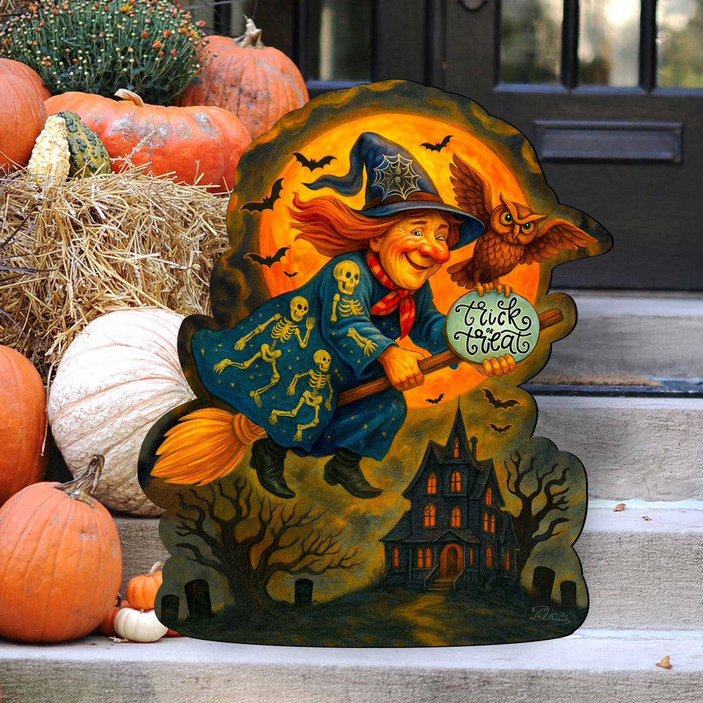 Halloween Flying Witch Door Hanger – Handcrafted Wooden Door Décor by G. DeBrekht – 8652837H