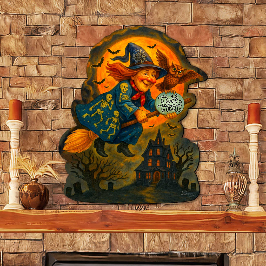 Halloween Flying Witch Door Hanger – Handcrafted Wooden Door Décor by G. DeBrekht – 8652837H