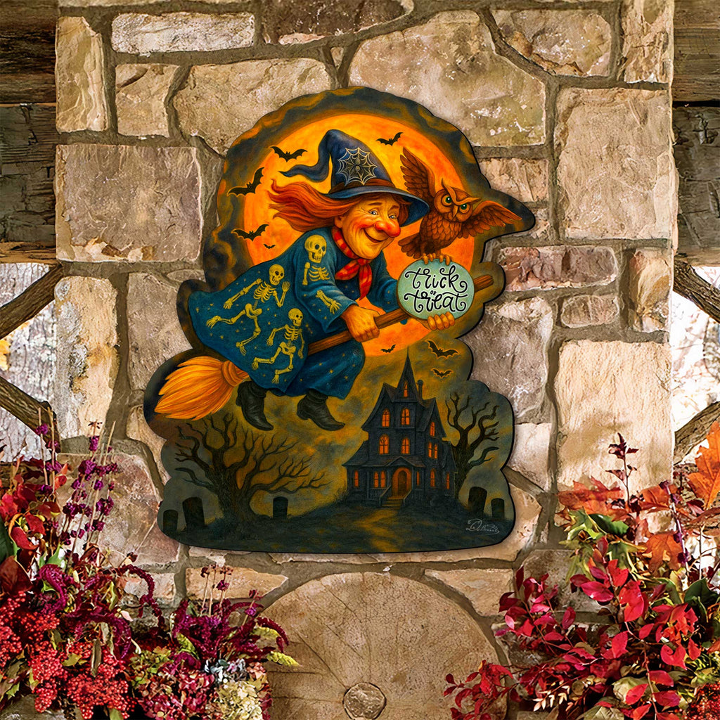 Halloween Flying Witch Door Hanger – Handcrafted Wooden Door Décor by G. DeBrekht – 8652837H