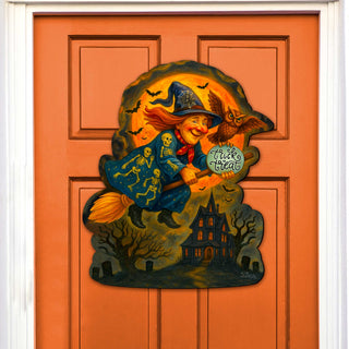 Halloween Flying Witch Door Hanger – Handcrafted Wooden Door Décor by G. DeBrekht – 8652837H