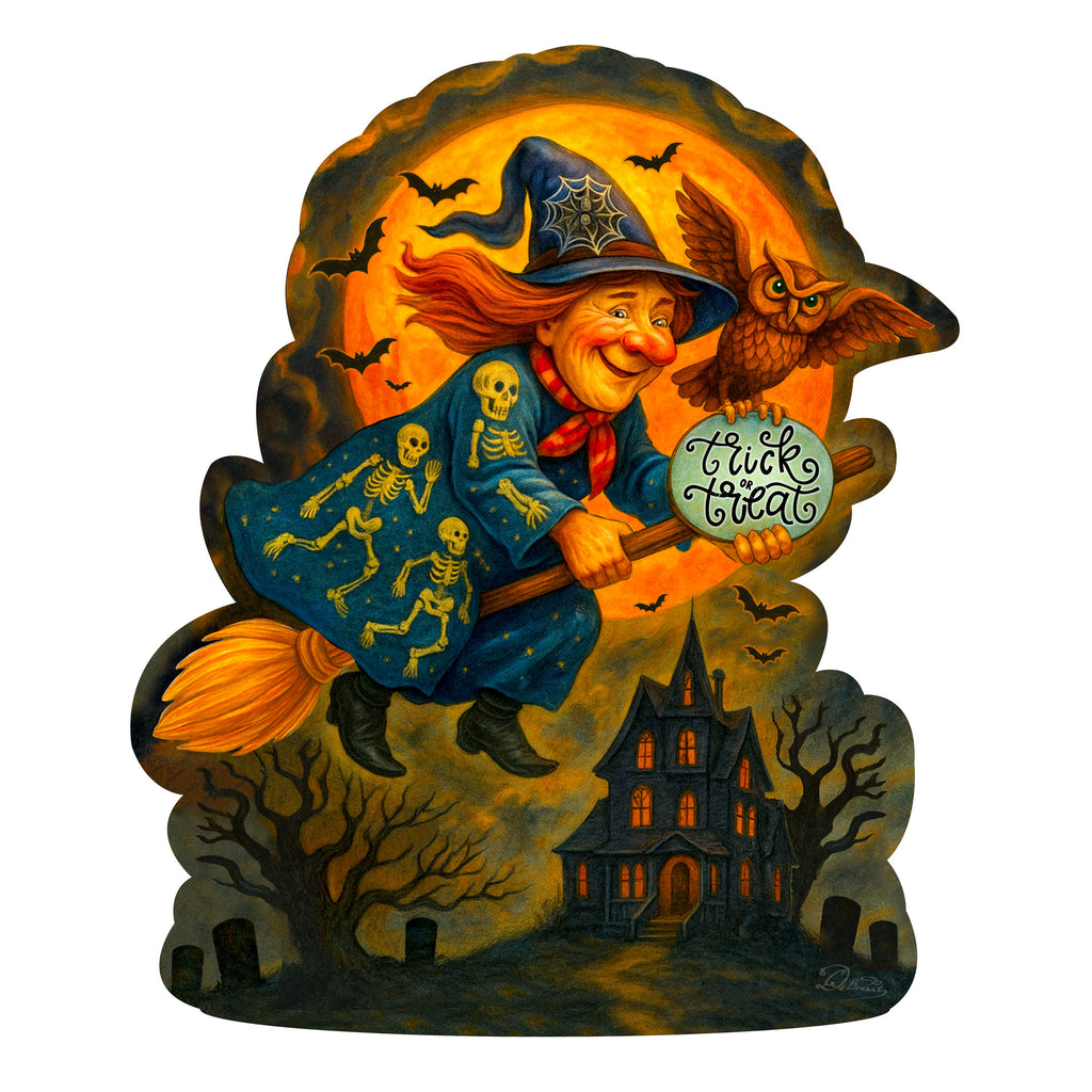 Halloween Flying Witch Door Hanger – Handcrafted Wooden Door Décor by G. DeBrekht – 8652837H