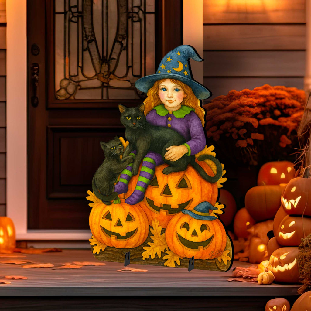 Halloween Witch with Black Cats Freestanding Outdoor Décor – Handcrafted Wooden Yard Display by G. DeBrekht – 8652838F