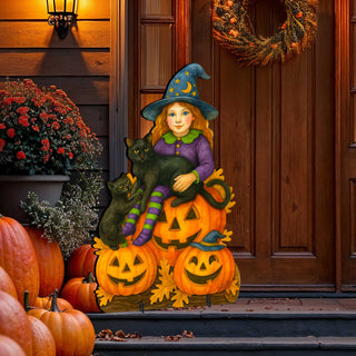 Halloween Witch with Black Cats Freestanding Outdoor Décor – Handcrafted Wooden Yard Display by G. DeBrekht – 8652838F