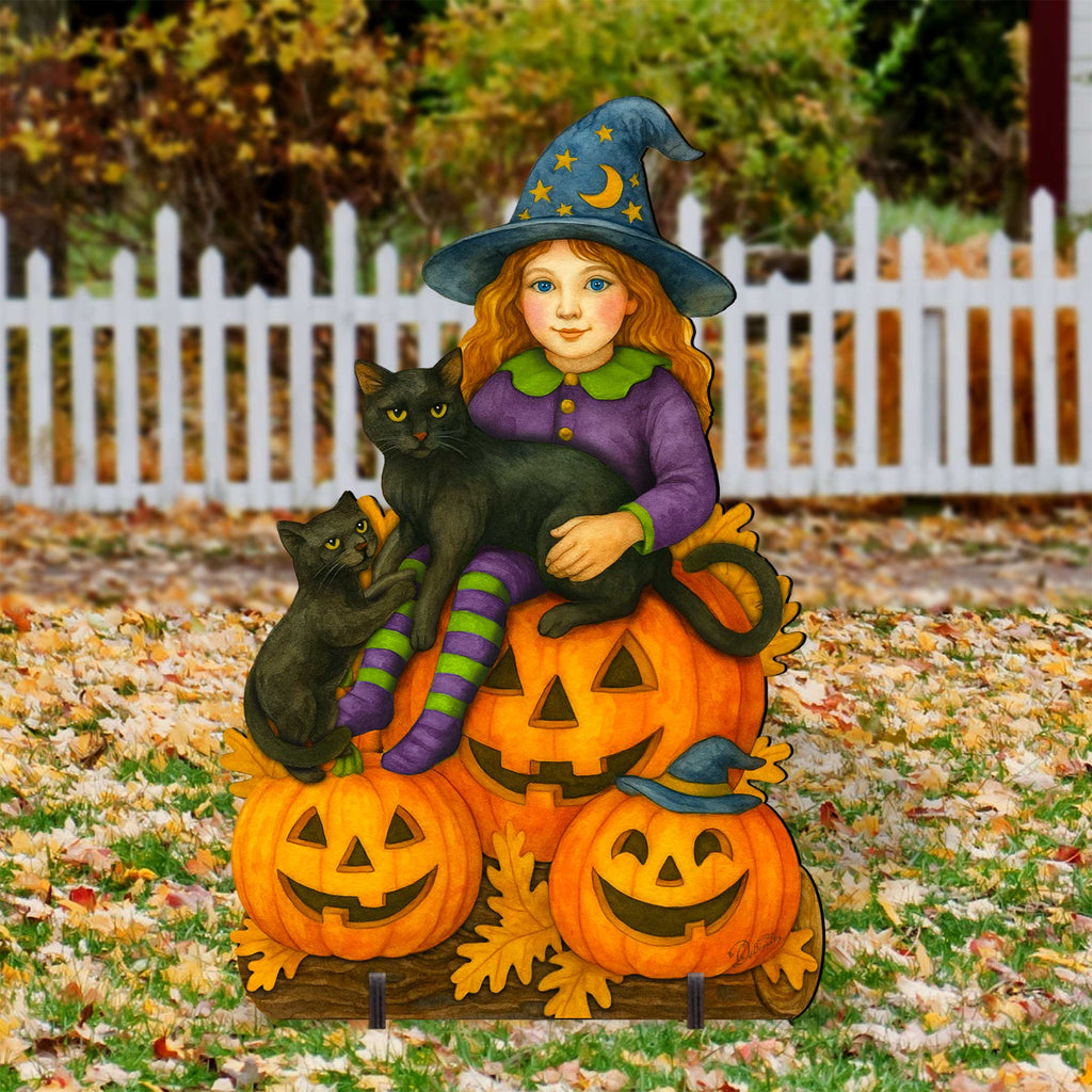 Halloween Witch with Black Cats Freestanding Outdoor Décor – Handcrafted Wooden Yard Display by G. DeBrekht – 8652838F