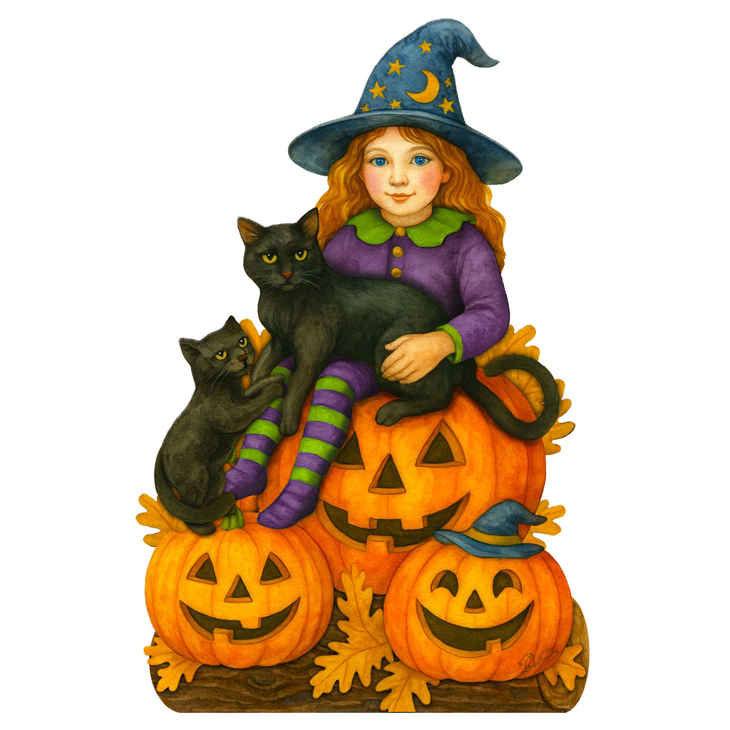 Halloween Witch with Black Cats Freestanding Outdoor Décor – Handcrafted Wooden Yard Display by G. DeBrekht – 8652838F