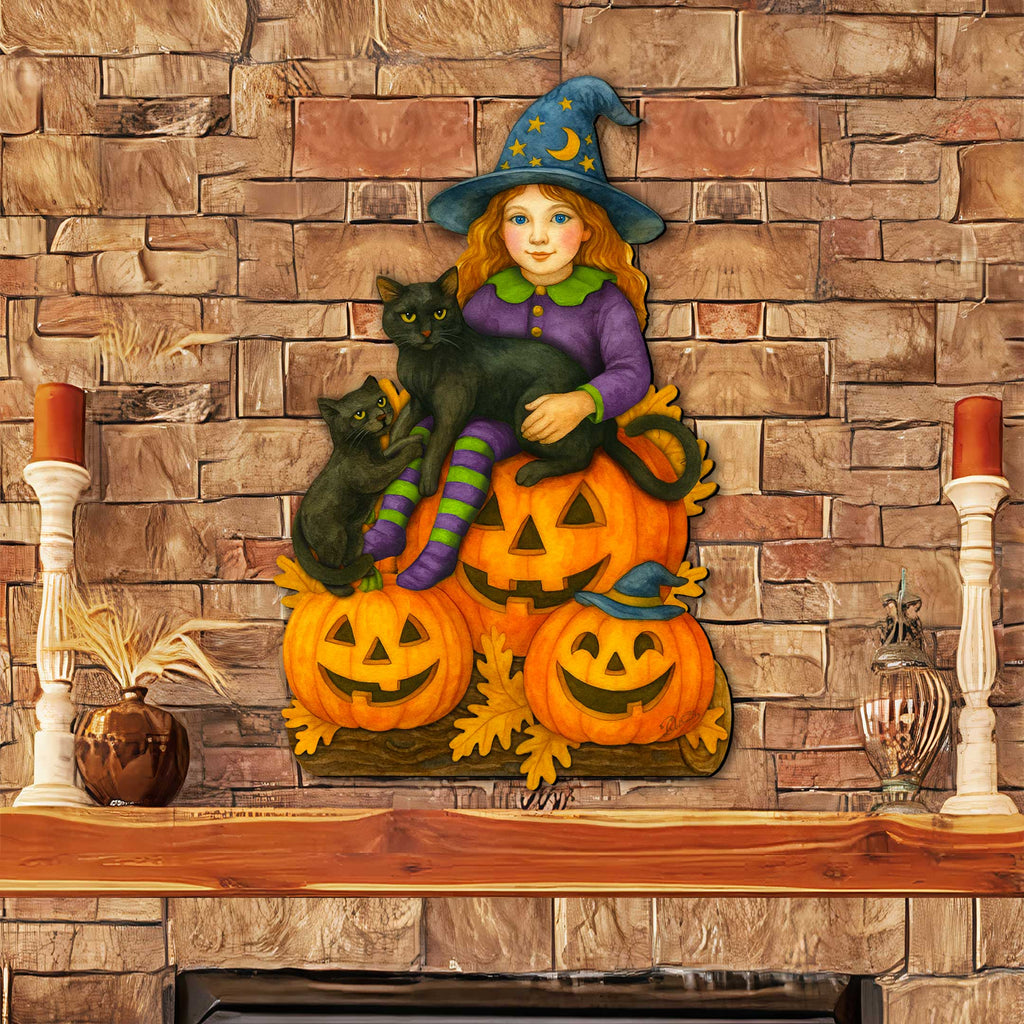 Halloween Witch with Black Cats Door Hanger – Handcrafted Wooden Door Décor by G. DeBrekht – 8652838H