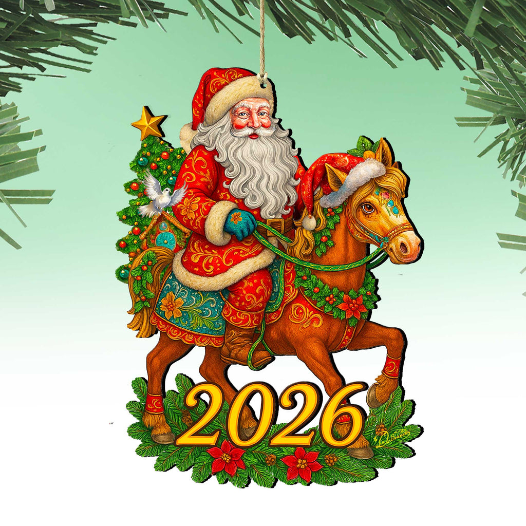 2026 Dated Santa on Horse Wooden Ornaments by G. Debrekht - Christmas Santa Snowman Decor - 8652841-D26