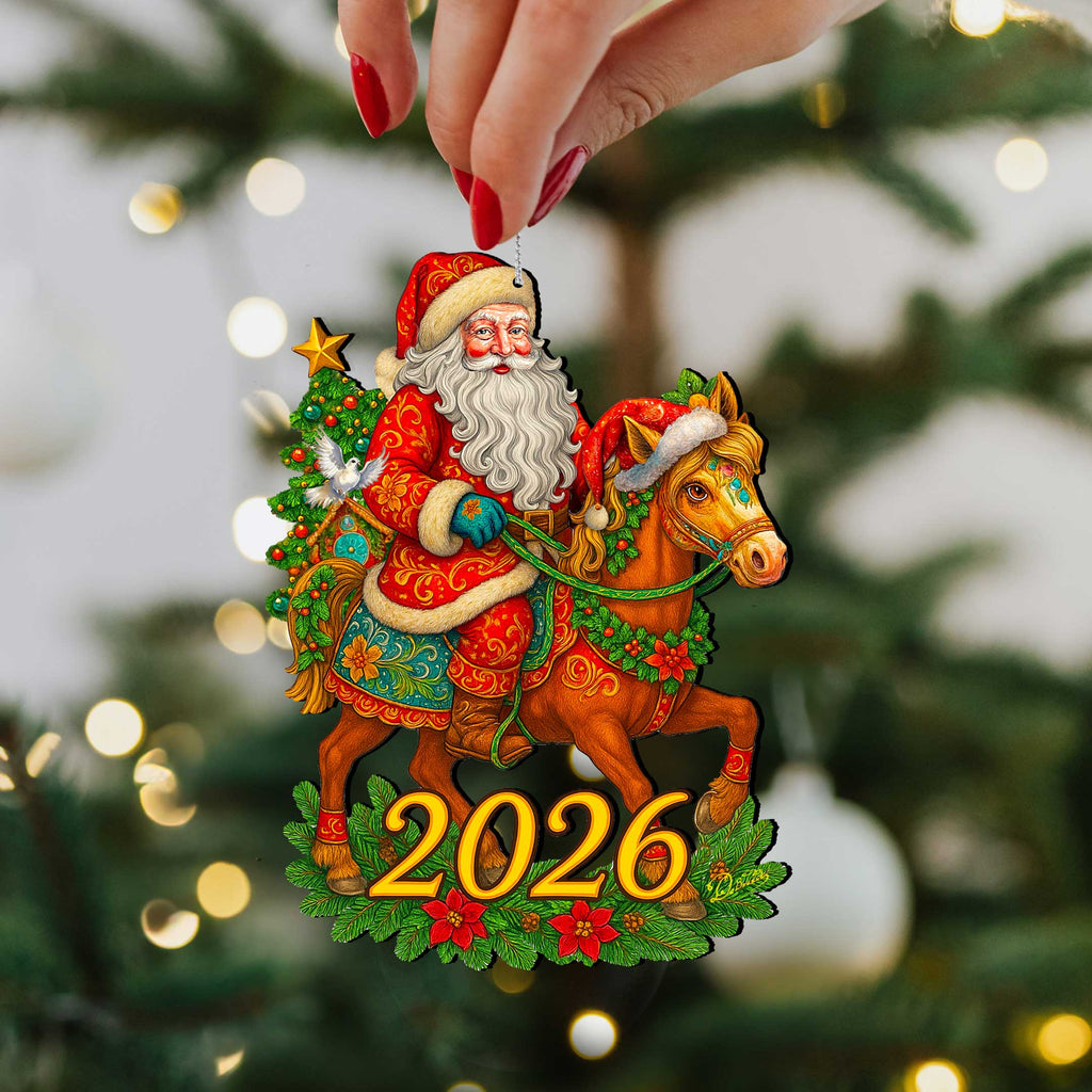 2026 Dated Santa on Horse Wooden Ornaments by G. Debrekht - Christmas Santa Snowman Decor - 8652841-D26