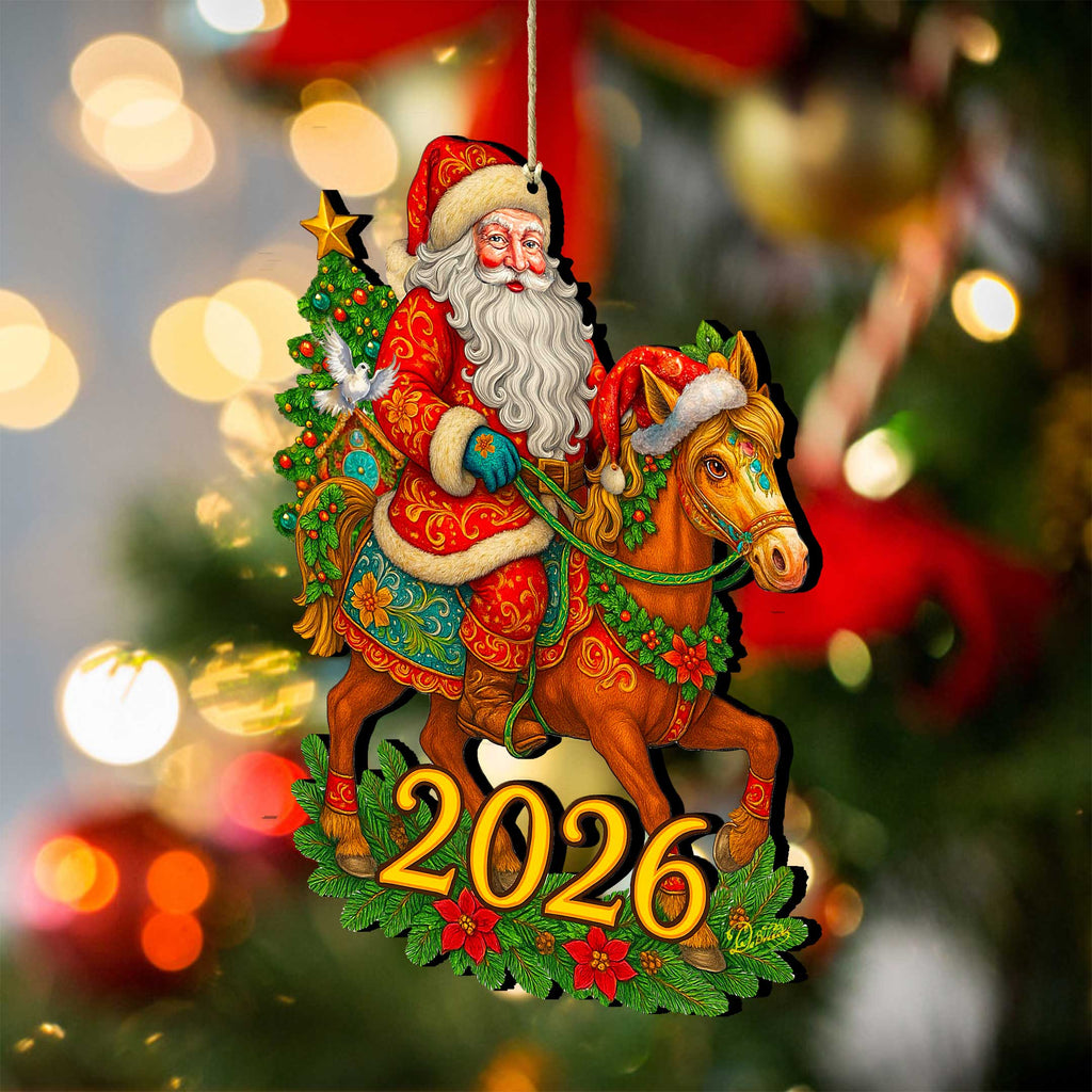 2026 Dated Santa on Horse Wooden Ornaments by G. Debrekht - Christmas Santa Snowman Decor - 8652841-D26
